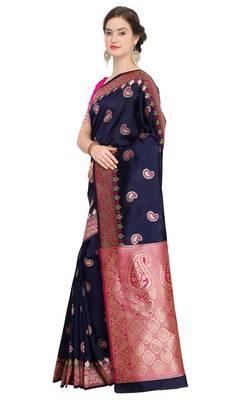 Navy blue woven poly silk saree with blouse 2