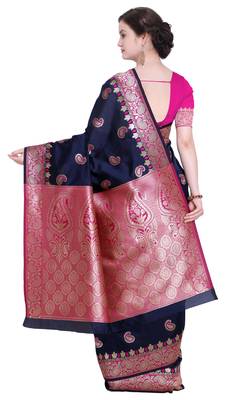 Navy blue woven poly silk saree with blouse 3