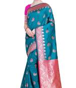 Turquoise woven poly silk saree with blouse