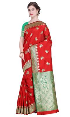 Red woven poly silk saree with blouse 1
