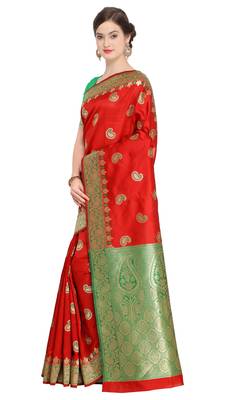 Red woven poly silk saree with blouse 2