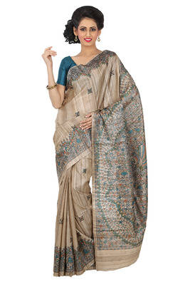 Beige Printed tussar silk saree with blouse 1