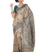 Beige Printed tussar silk saree with blouse