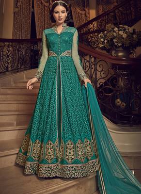 Dark-Green Embroidered Net Salwar With Dupatta 1