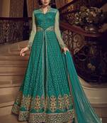 Dark-Green Embroidered Net Salwar With Dupatta