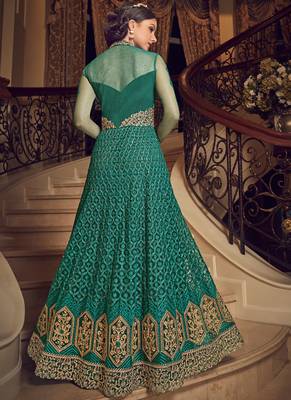 Dark-Green Embroidered Net Salwar With Dupatta 2