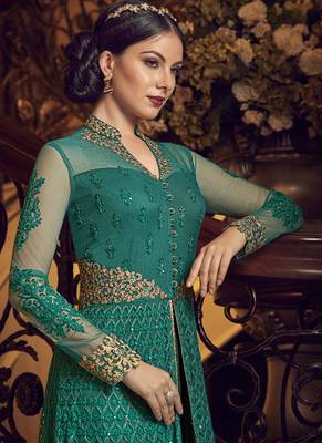 Dark-Green Embroidered Net Salwar With Dupatta 3