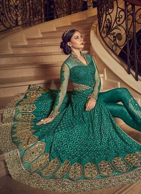 Dark-Green Embroidered Net Salwar With Dupatta 4