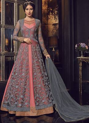 Grey embroidered net salwar with dupatta 1