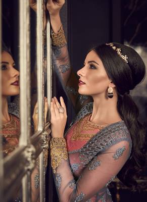 Grey embroidered net salwar with dupatta 4