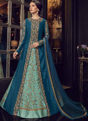 Blue Embroidered Tussar Silk Salwar With Dupatta 1