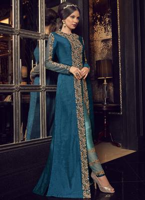 Blue Embroidered Tussar Silk Salwar With Dupatta 2