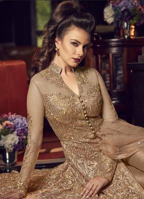 Beige Embroidered Net Salwar With Dupatta 4