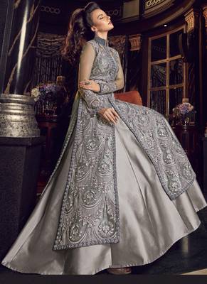 Grey embroidered net salwar with dupatta 3
