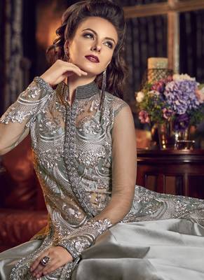 Grey embroidered net salwar with dupatta 4