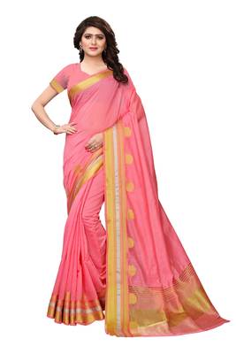 Pink solid cotton silk saree with blouse 1
