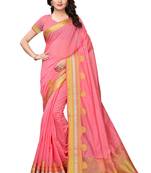 Pink solid cotton silk saree with blouse