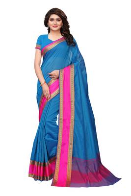 Blue solid cotton silk saree with blouse 1