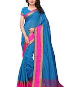 Blue solid cotton silk saree with blouse
