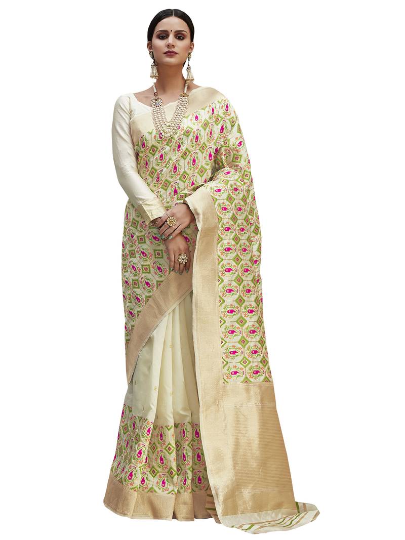 Cream Banarasi Silk Saree