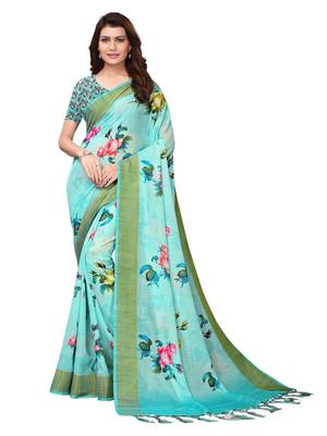 Light green printed polyester linen saree with blouse 1