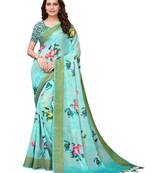 Light green printed polyester linen saree with blouse