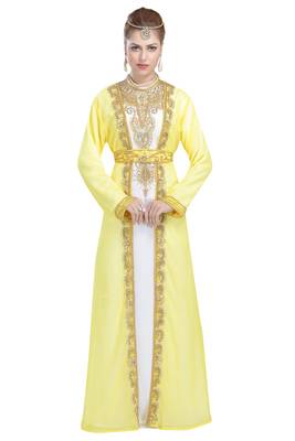yellow georgette moroccan kaftan with embroidered stone work 1