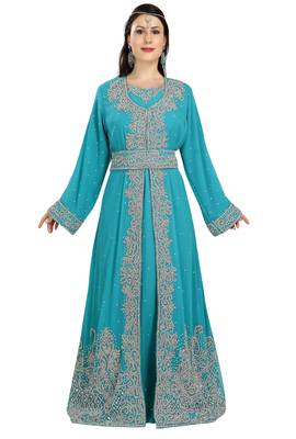 Turquoise Morroccan Georgette Ready to Wear Kaftan Dress - Stitched 1