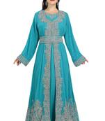 Turquoise Morroccan Georgette Ready to Wear Kaftan Dress - Stitched