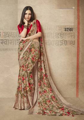 Brown floral  printed linen saree with blouse 2