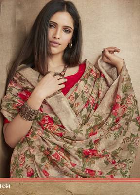 Brown floral  printed linen saree with blouse 3