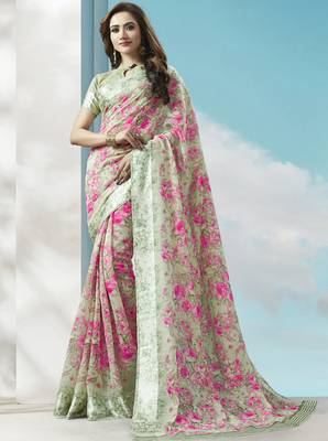 Pink printed linen saree with blouse 1