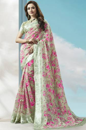 Pink printed linen saree with blouse