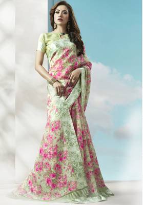Pink printed linen saree with blouse 2