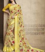 Yellow printed linen saree with blouse