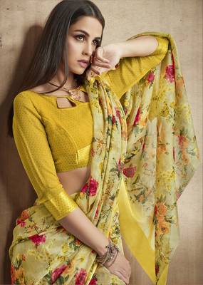 Yellow printed linen saree with blouse 2