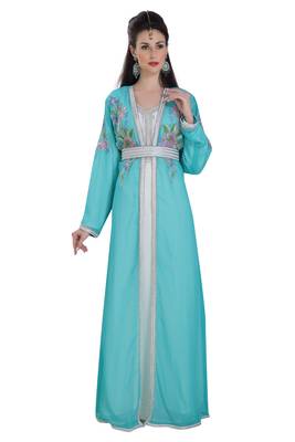 Georgette turquoise embroidered stone work jacket and belt 1