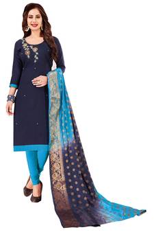 Blue Embroidered Cotton Salwar With Dupatta