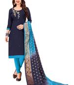 Blue Embroidered Cotton Salwar With Dupatta