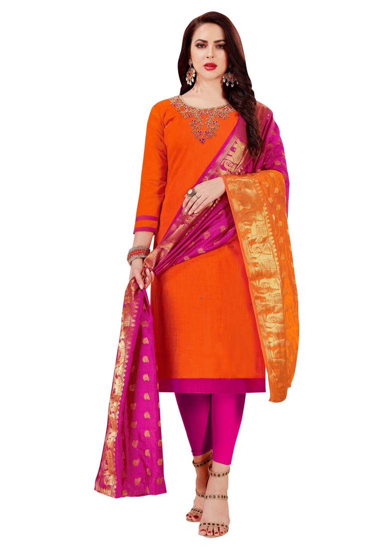 Orange Embroidered Cotton Salwar With Dupatta