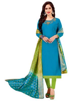 Sky-Blue Embroidered Cotton Salwar With Dupatta 1