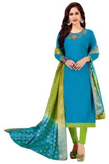 Sky-Blue Embroidered Cotton Salwar With Dupatta