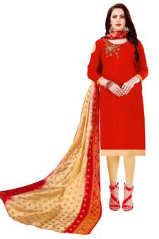 Red Embroidered Cotton Salwar With Dupatta