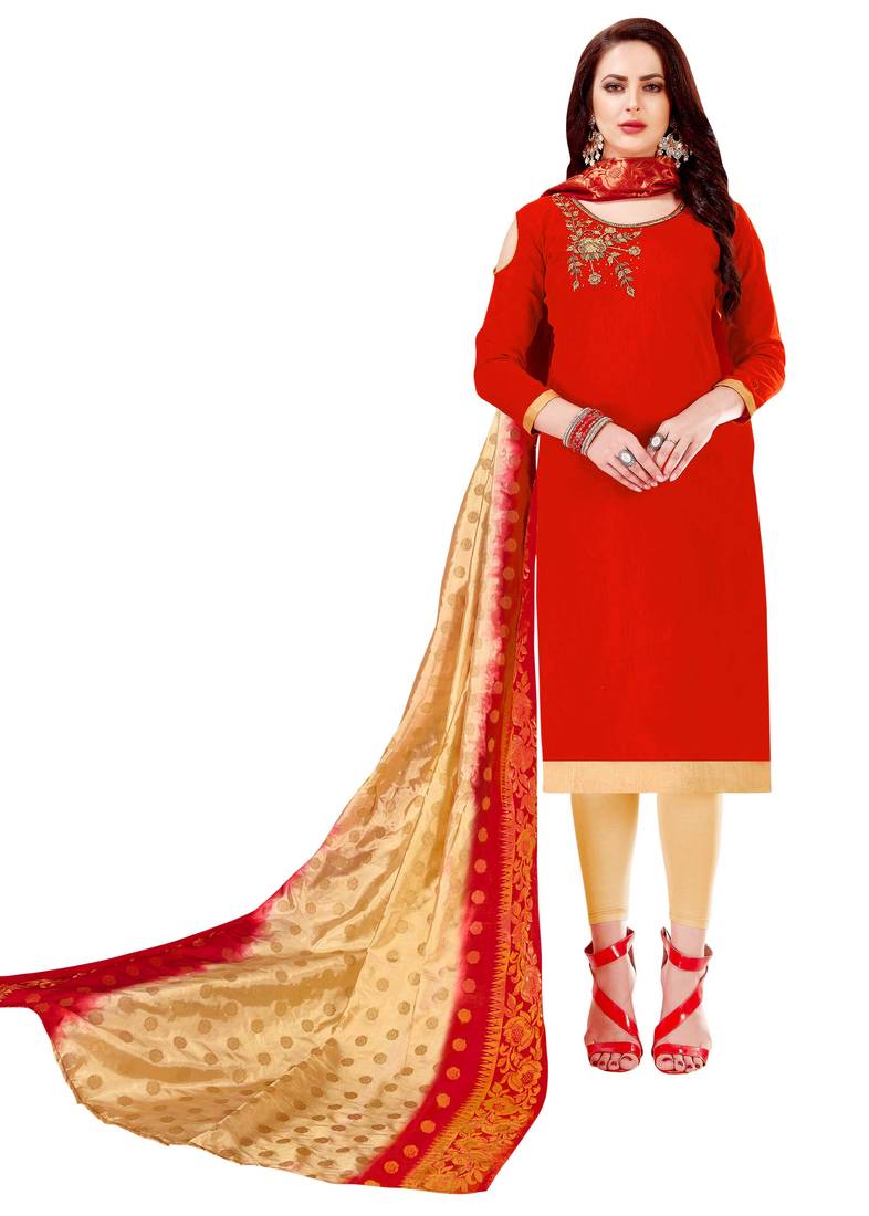 Red Embroidered Cotton Salwar With Dupatta