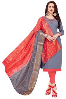 Grey Embroidered Cotton Salwar With Dupatta