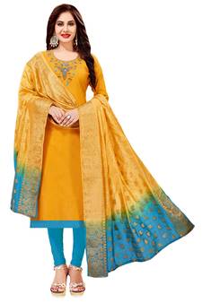 Yellow Embroidered Cotton Salwar With Dupatta