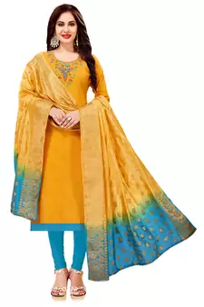 Yellow Embroidered Cotton Salwar With Dupatta