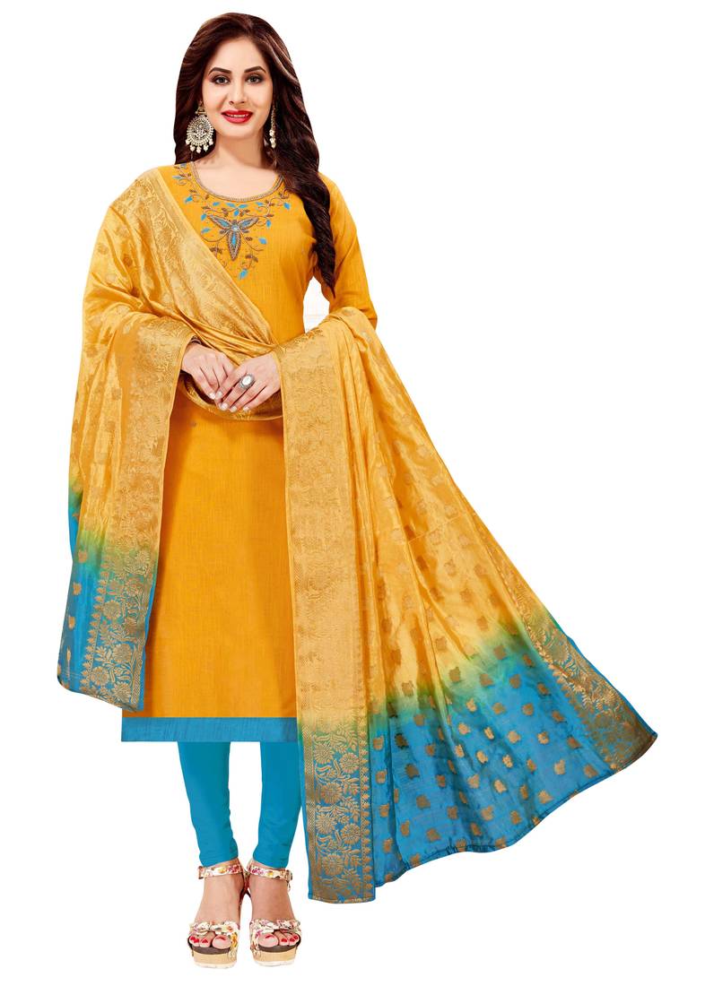 Yellow Embroidered Cotton Salwar With Dupatta