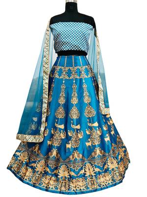 Blue digital print silk semi stitched lehenga with dupatta 1