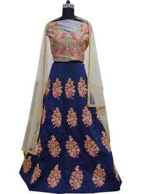Blue embroidered silk semi stitched lehenga with dupatta 1